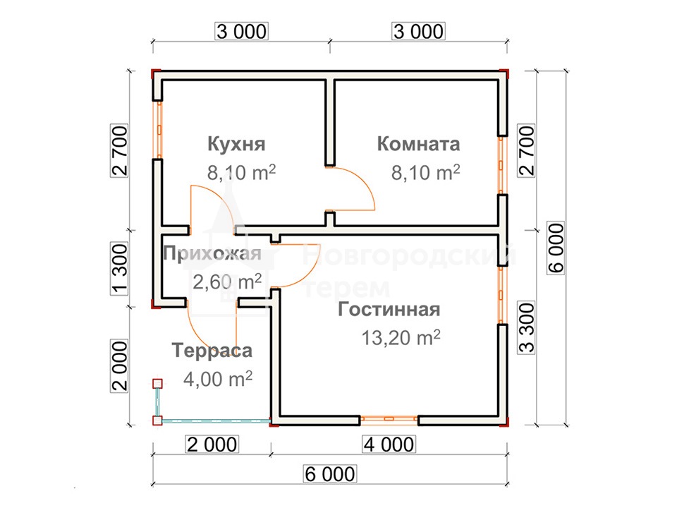 Проект одноэтажного каркасного дома 6х6, проект Д-4, планировка