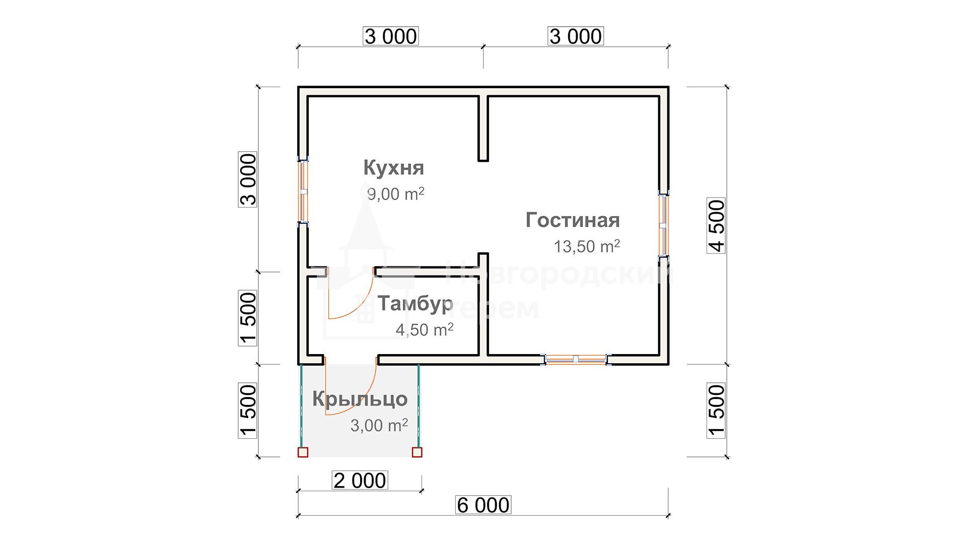Планировка дачного каркасного дома 6х4.5, проект ДД-93