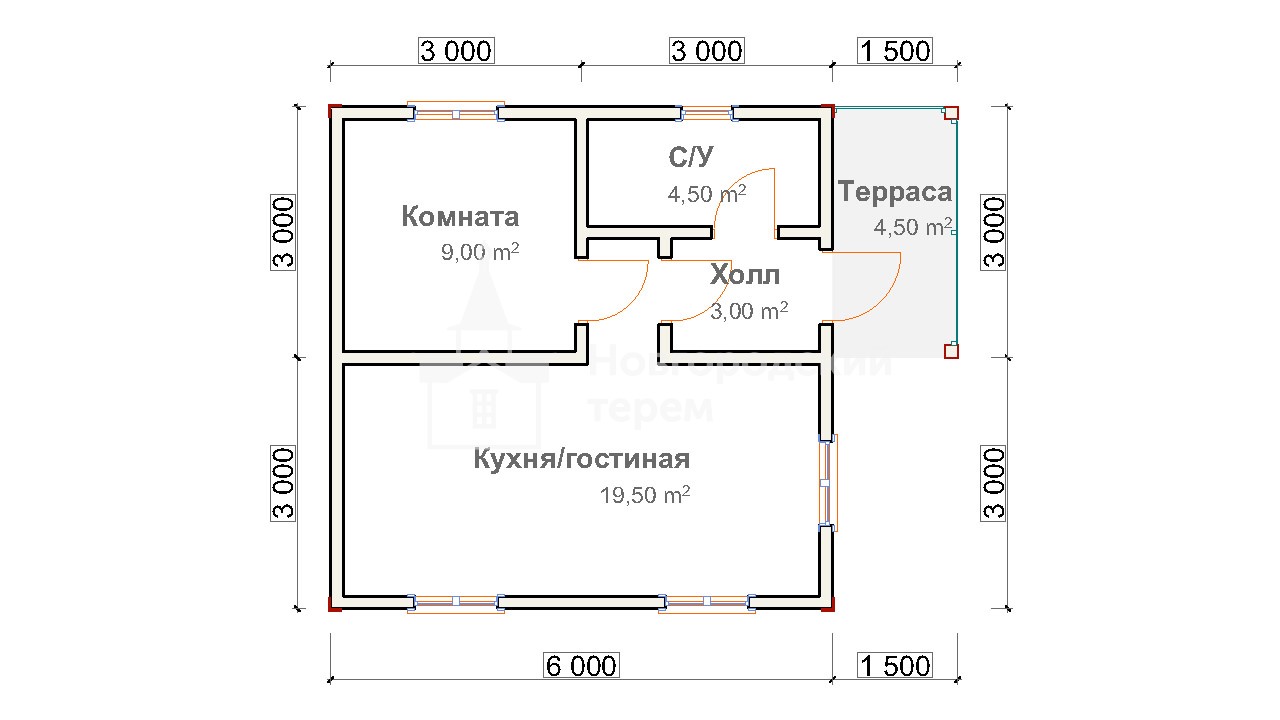 Одноэтажный дачный каркасный дом 6х7.5, проект ДД-77, планировка
