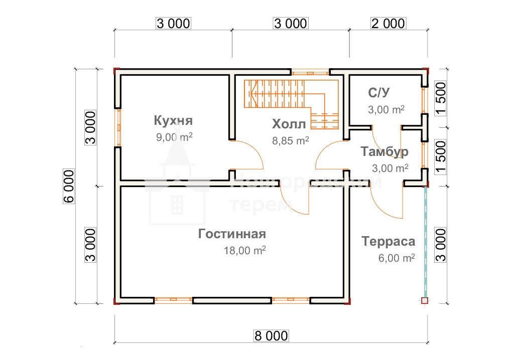 Дачный каркасный дом с мансардой 6х8, проект ДД-11, планировка 1 этажа